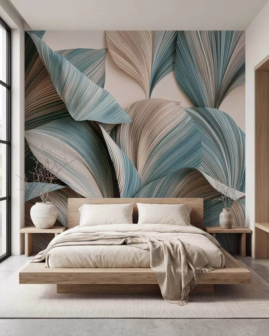 murales de pared Hojas tropicales con volumen en tonos beige y azules suaves w09914