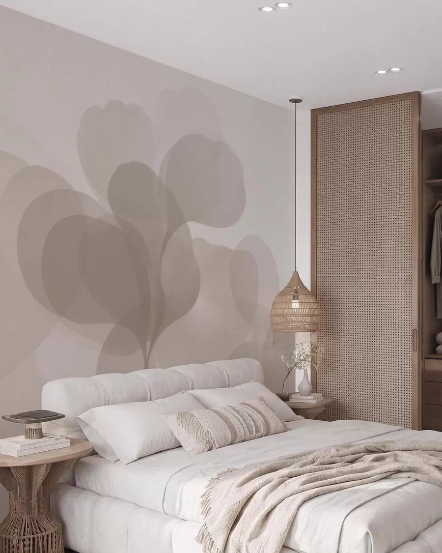 murales de pared Siluetas botánicas abstractas semitransparentes en cálidos tonos beige w09925
