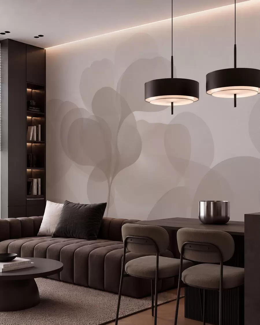 murales de pared Siluetas botánicas abstractas semitransparentes en cálidos tonos beige w09925