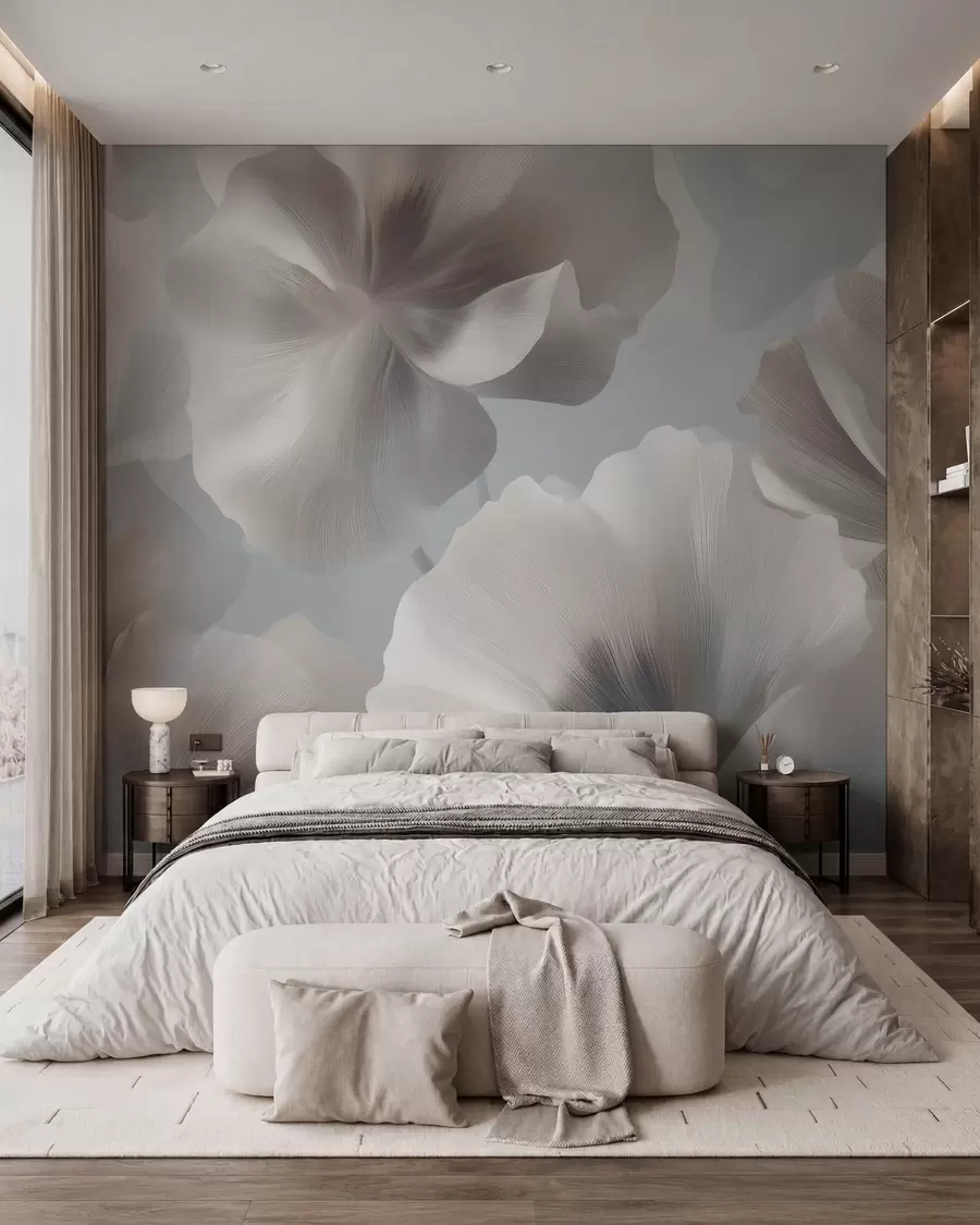 murales de pared Pétalos de flores de seda con volumen en suaves tonos pastel w09928