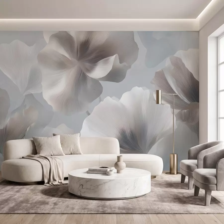 murales de pared Pétalos de flores de seda con volumen en suaves tonos pastel w09928