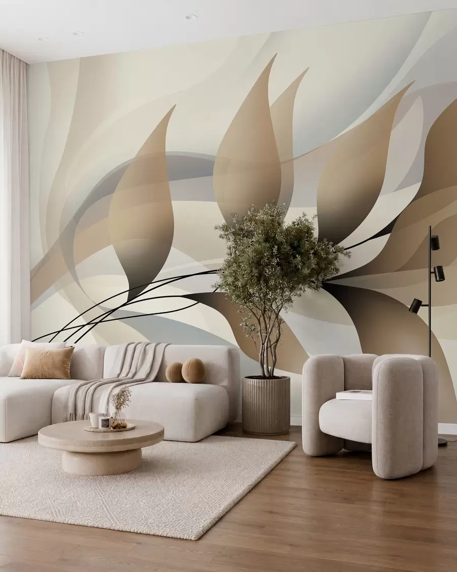 murales de pared una elegante rama con hojas de color beige w05660
