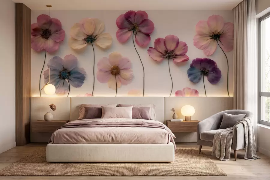 murales de pared Composición de herbario con efecto de flores prensadas y textura en 3D w09911
