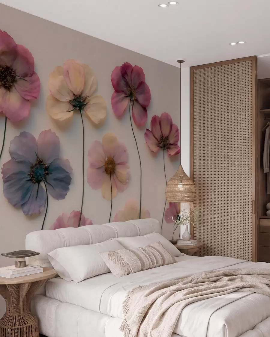 murales de pared Composición de herbario con efecto de flores prensadas y textura en 3D w09911
