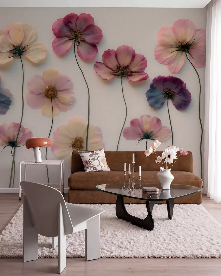 murales de pared Composición de herbario con efecto de flores prensadas y textura en 3D w09911