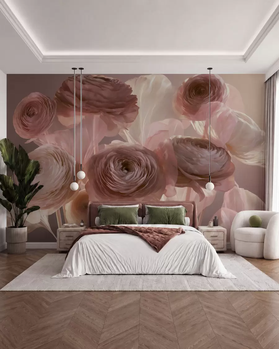 murales de pared Grandes flores de ranúnculo de estilo artístico en suaves tonos rosa y crema w09921