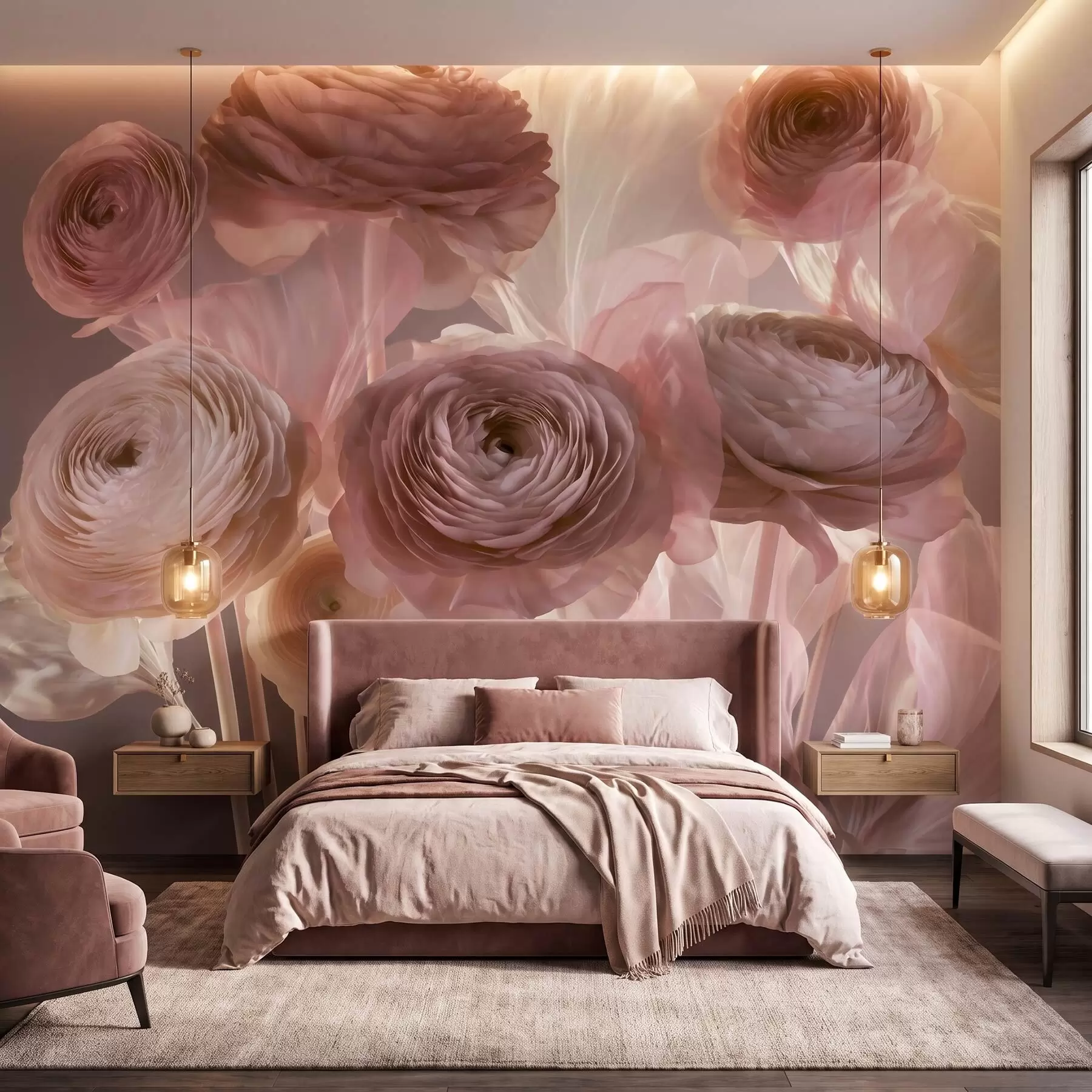murales de pared Grandes flores de ranúnculo de estilo artístico en suaves tonos rosa y crema w09921