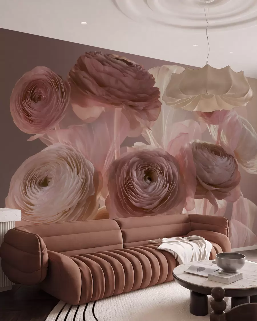 murales de pared Grandes flores de ranúnculo de estilo artístico en suaves tonos rosa y crema w09921