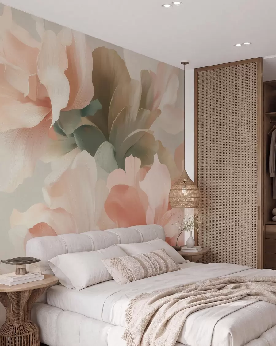 murales de pared Grandes flores artísticas en suaves tonos pastel de color crema, rosa y verde w09935