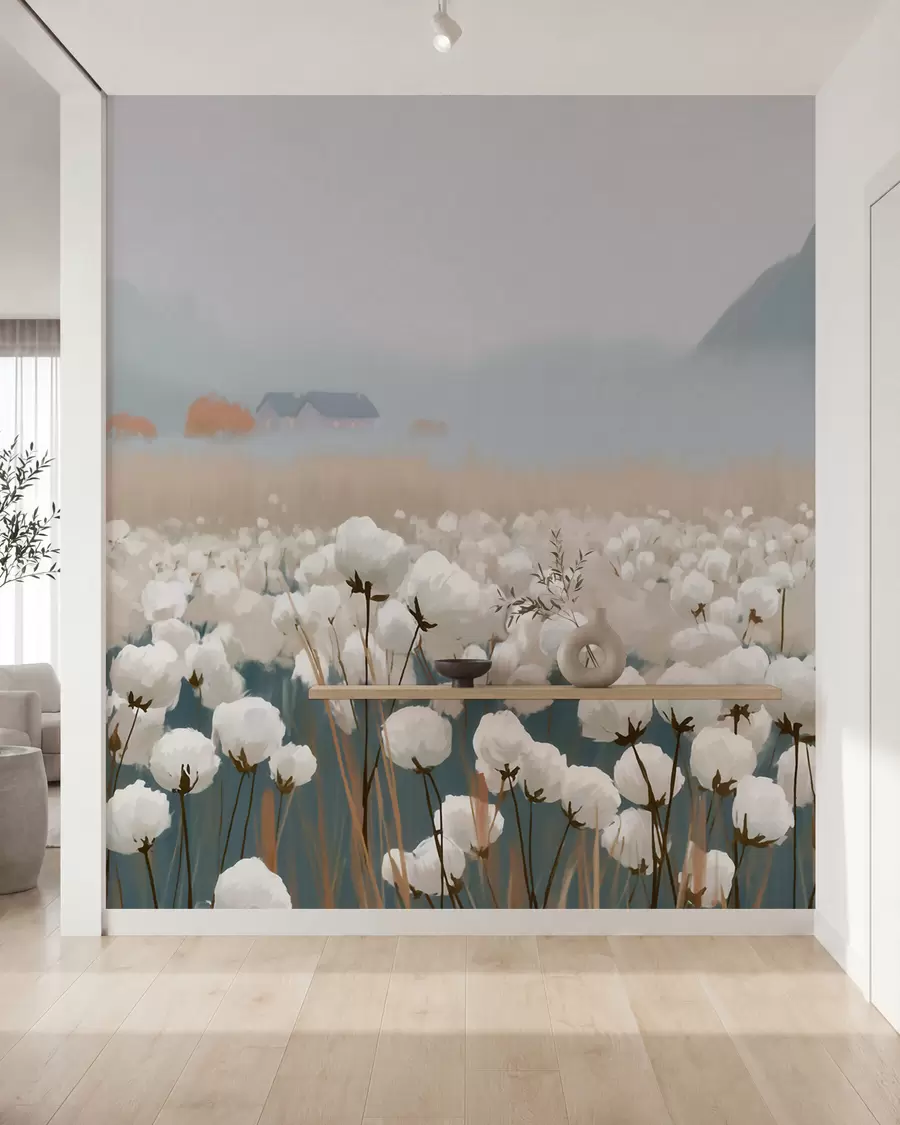 murales de pared Campo de algodón en un paisaje brumoso del norte, estilo pictórico w09934