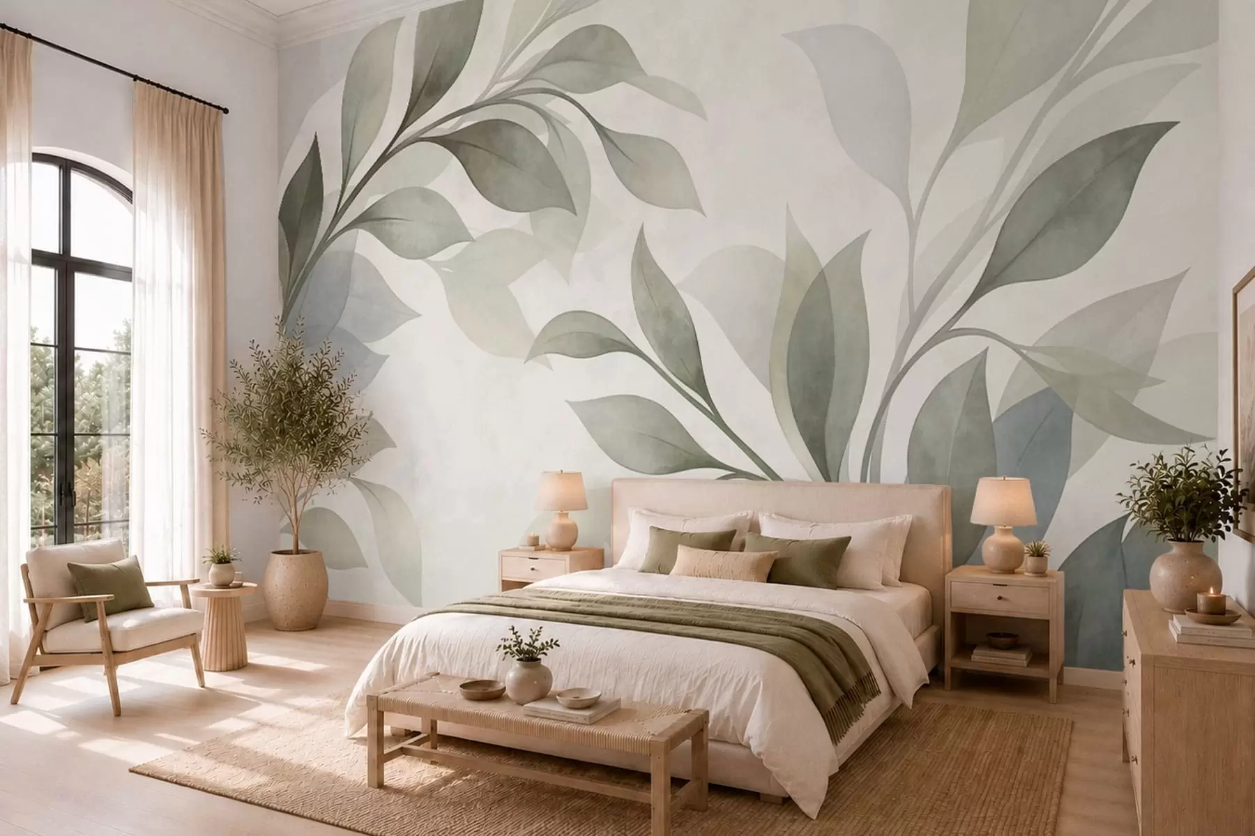murales de pared Hojas grandes en suaves tonos verdes y azules w05693