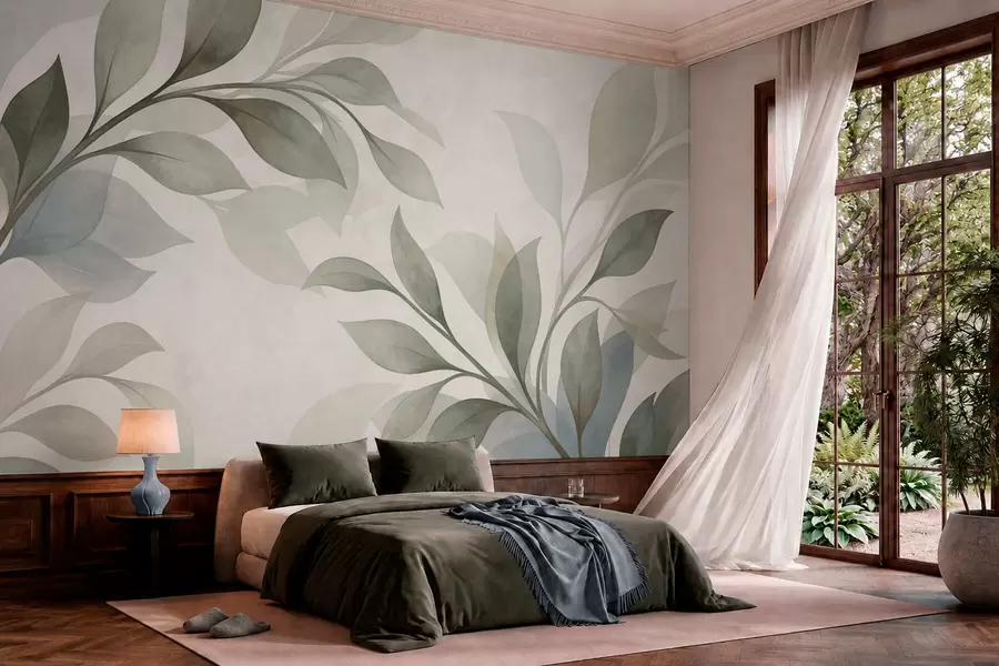 murales de pared Hojas grandes en suaves tonos verdes y azules w05693