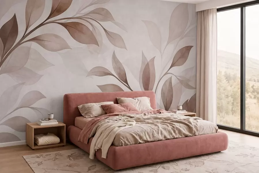 murales de pared Hojas grandes en tonos cálidos de beige y marrón w05693v1