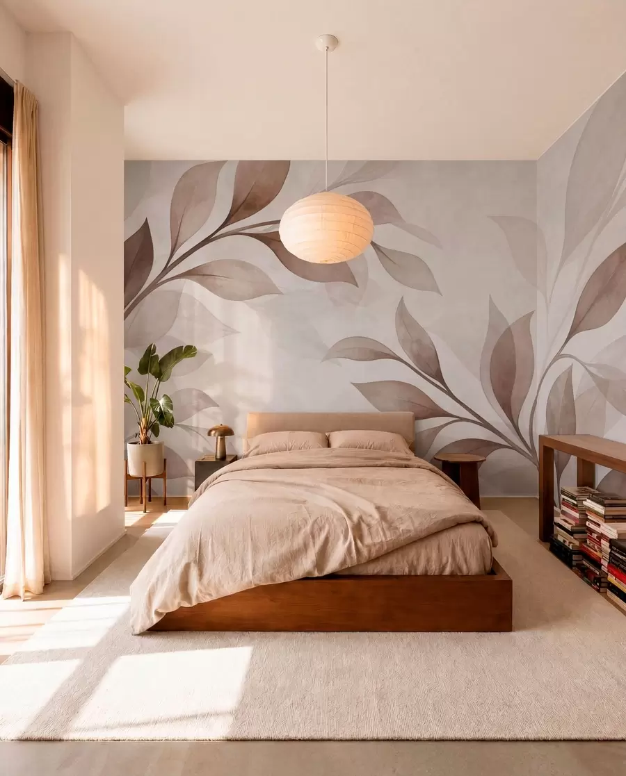 murales de pared Hojas grandes en tonos cálidos de beige y marrón w05693v1