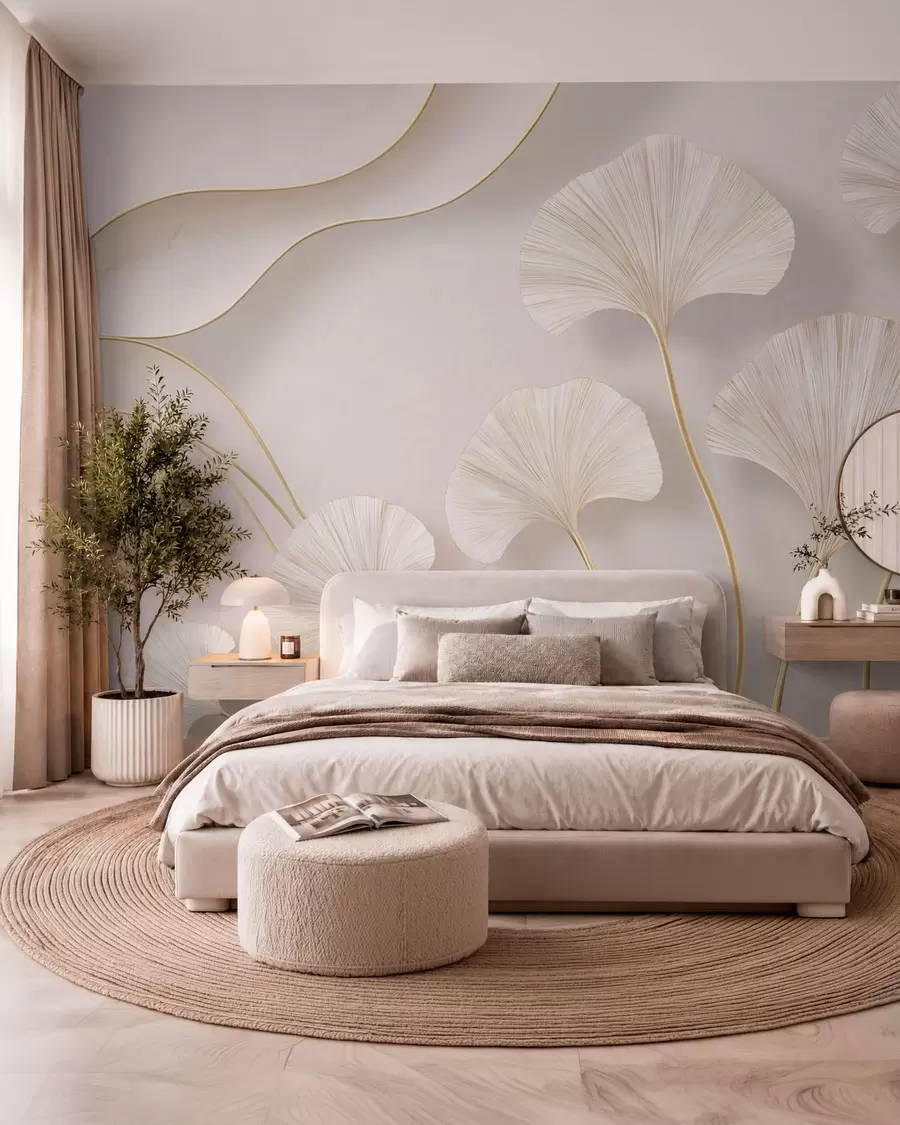 murales de pared Hojas de ginkgo de color claro y gran volumen, con líneas fluidas sobre un fondo de mármol w05734