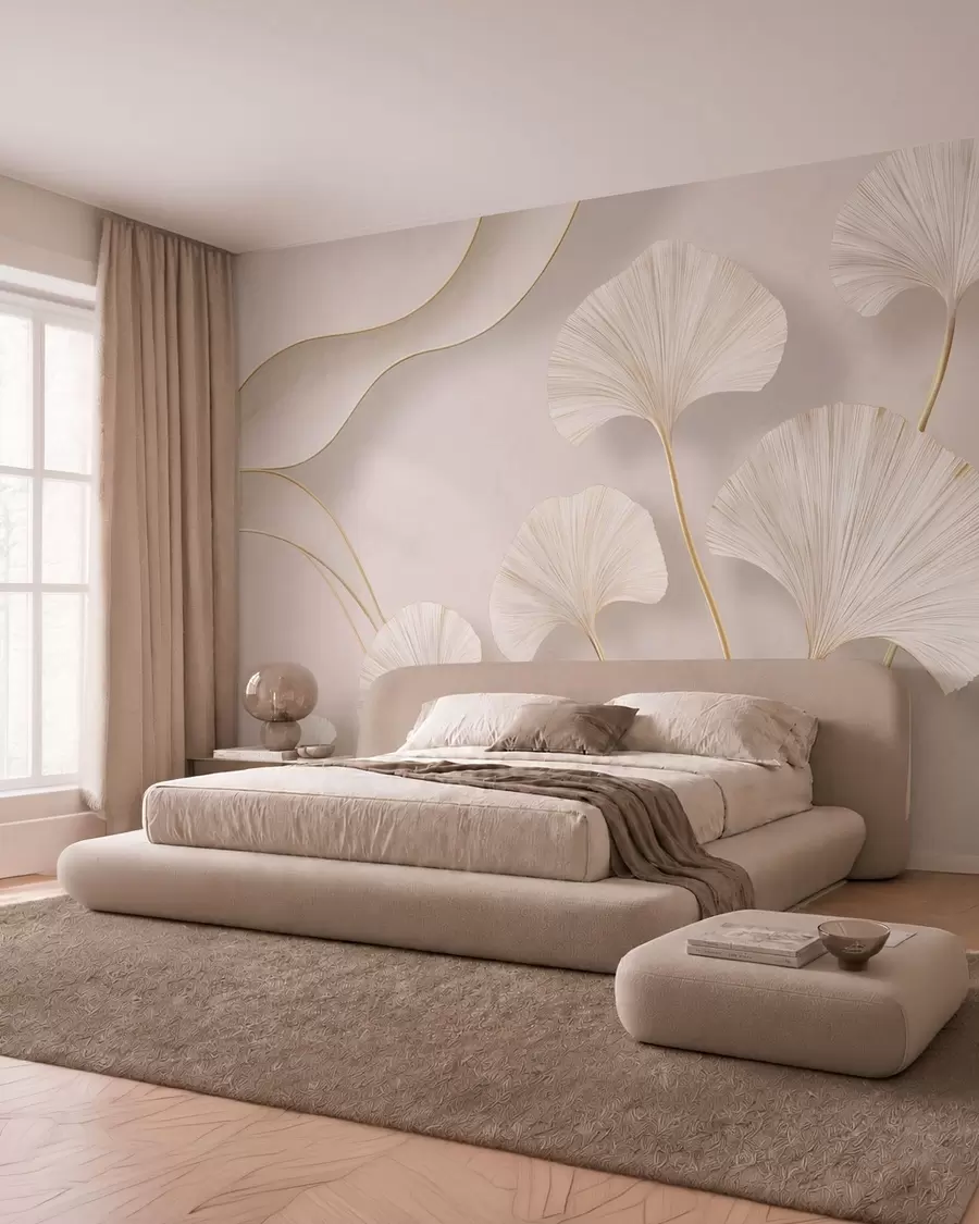 murales de pared Hojas de ginkgo de color claro y gran volumen, con líneas fluidas sobre un fondo de mármol w05734
