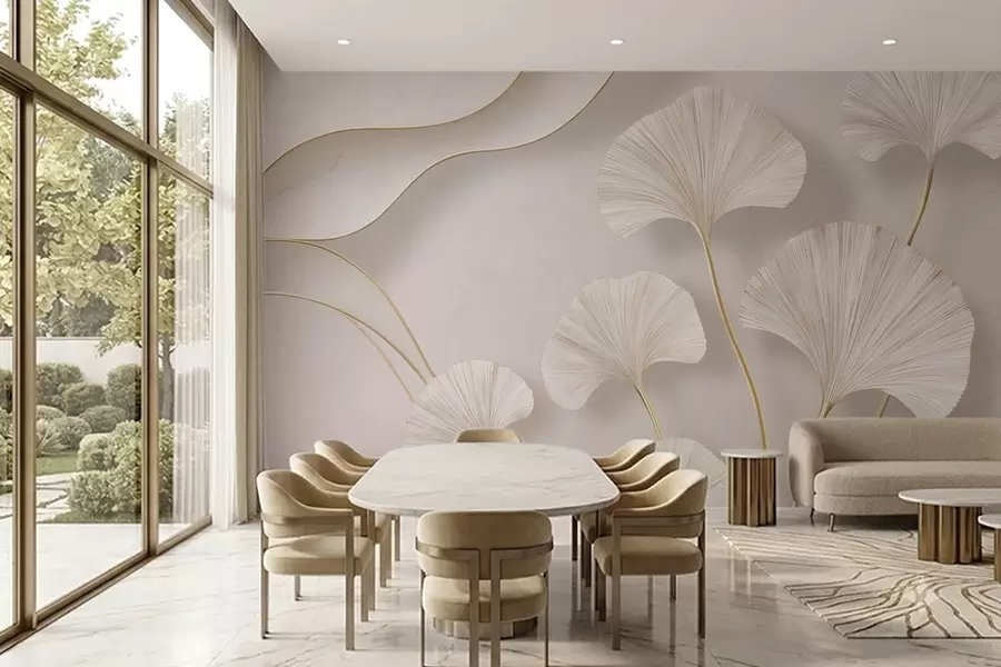 murales de pared Hojas de ginkgo de color claro y gran volumen, con líneas fluidas sobre un fondo de mármol w05734
