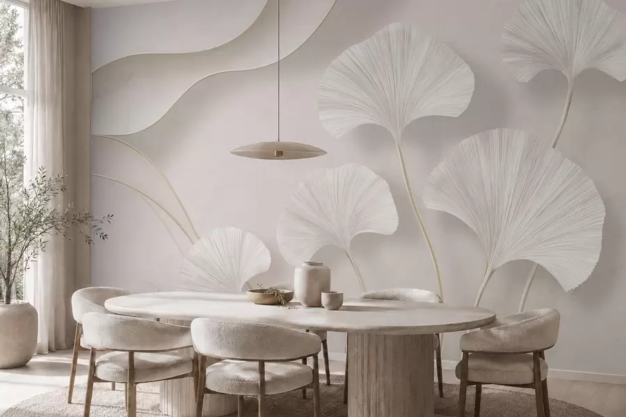 murales de pared Hojas de ginkgo de color claro sobre un fondo de mármol suave w05734v1