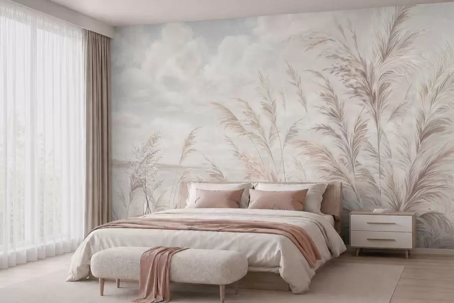 murales de pared Delicadas hierbas junto al agua, bajo un cielo ligeramente nublado w05735v1