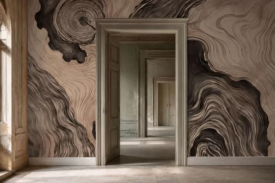 murales de pared Un motivo abstracto con un diseño lineal que imita la veta de la madera w05729
