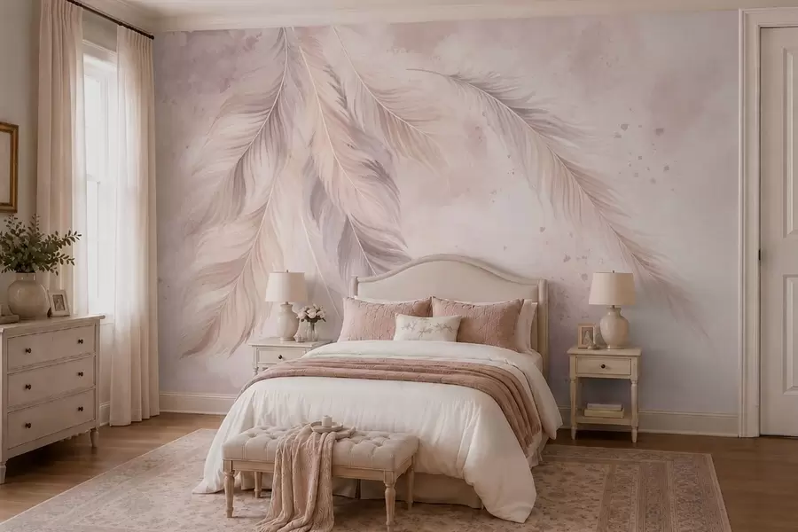 murales de pared Delicadas plumas sobre un fondo de acuarela en tonos pastel w05737