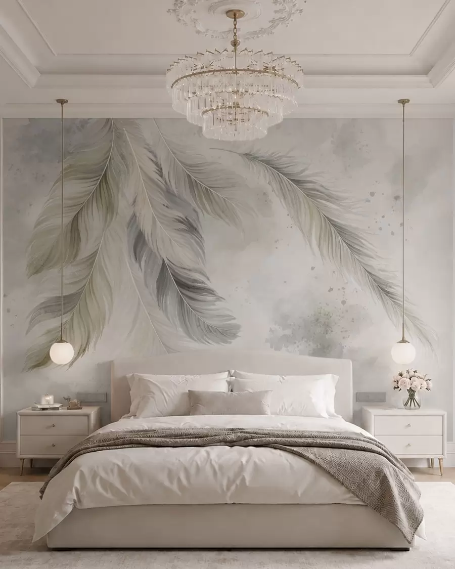 murales de pared Plumas de colores claros sobre un fondo suave de acuarela w05737v1