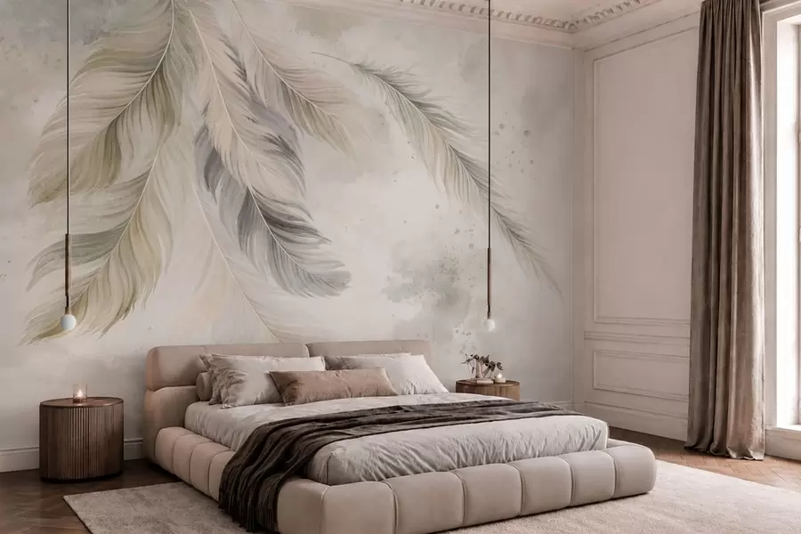 murales de pared Plumas de colores claros sobre un fondo suave de acuarela w05737v1
