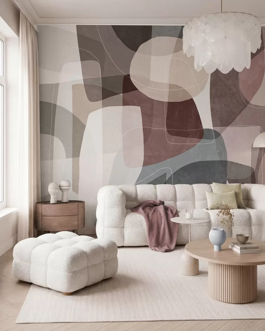 murales de pared Formas abstractas en tonos tierra apagados con finas líneas blancas y texturas superpuestas w09942