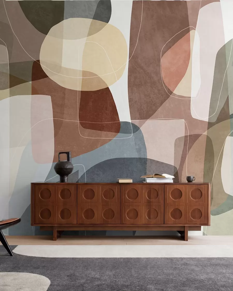 murales de pared Formas abstractas en tonos tierra apagados con finas líneas blancas y texturas superpuestas w09942v1
