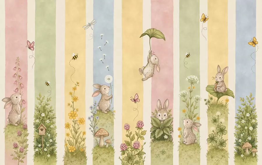 murales de pared Rayas en tonos pastel con conejos, flores, mariposas y abejas w05730