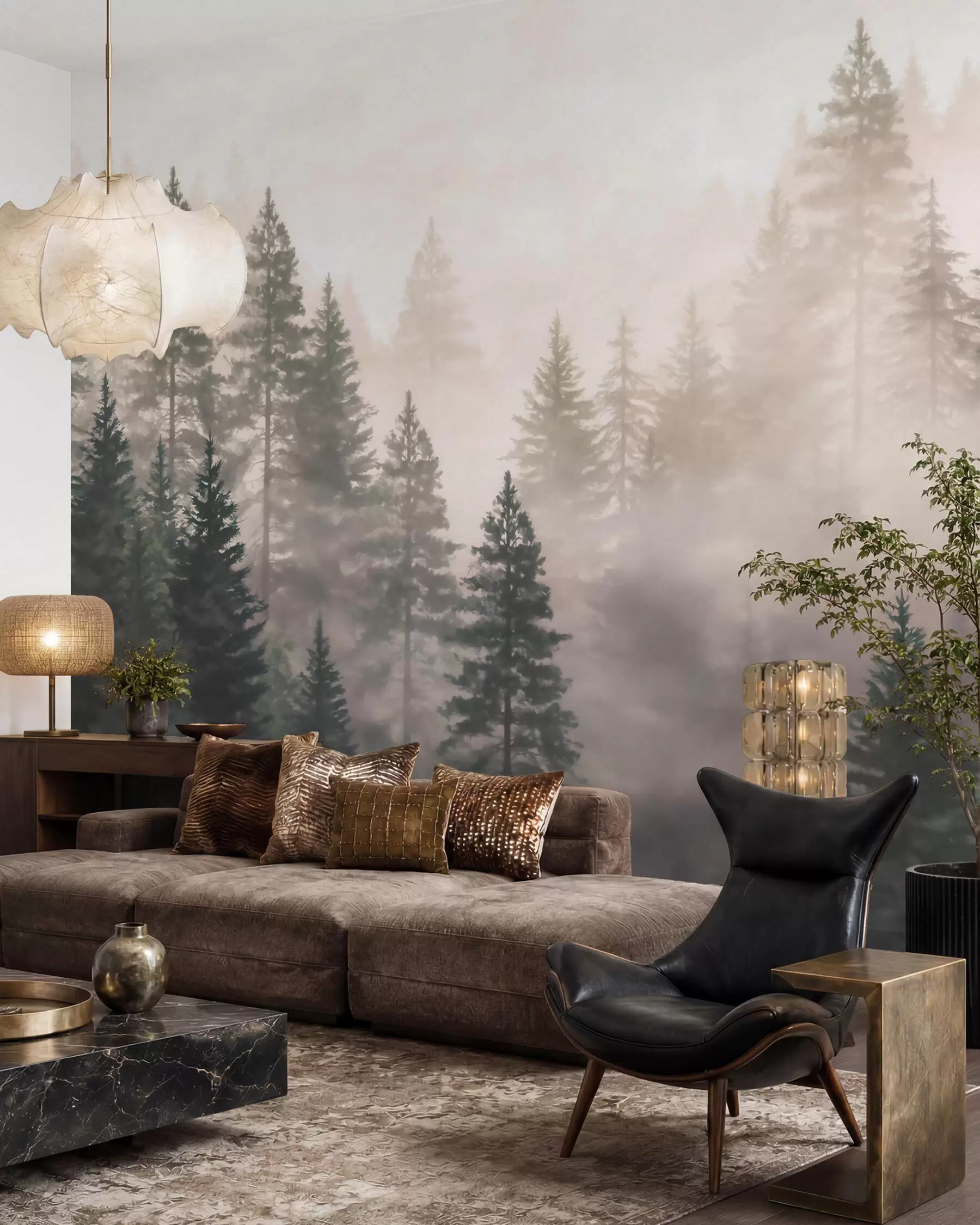 murales de pared Bosque de coníferas envuelto en niebla, en tonos verde oscuro, al estilo de la acuarela w09929