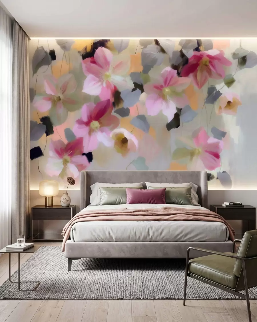 murales de pared Composición luminosa y aireada con flores colgantes en estilo acuarela w09931