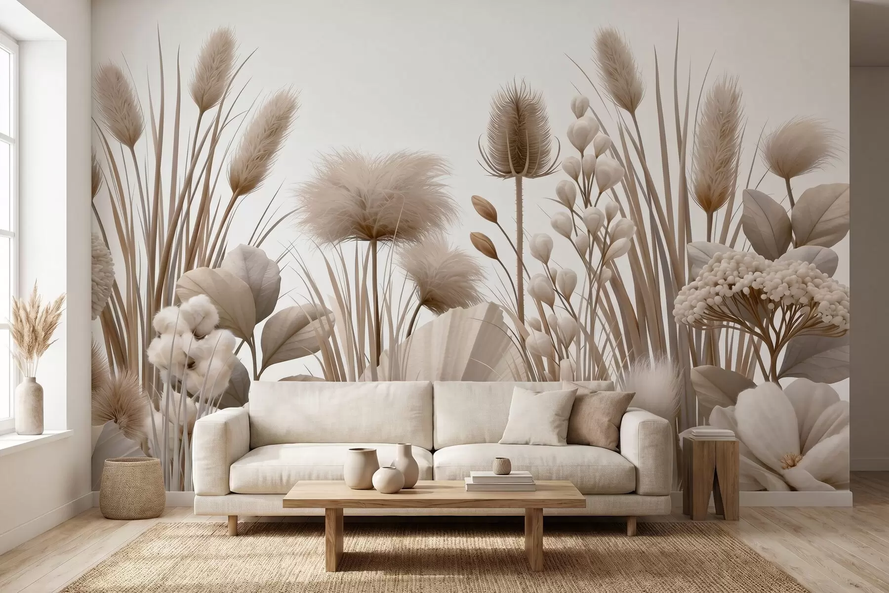 murales de pared Flores secas altas de color beige en tonos neutros w09932