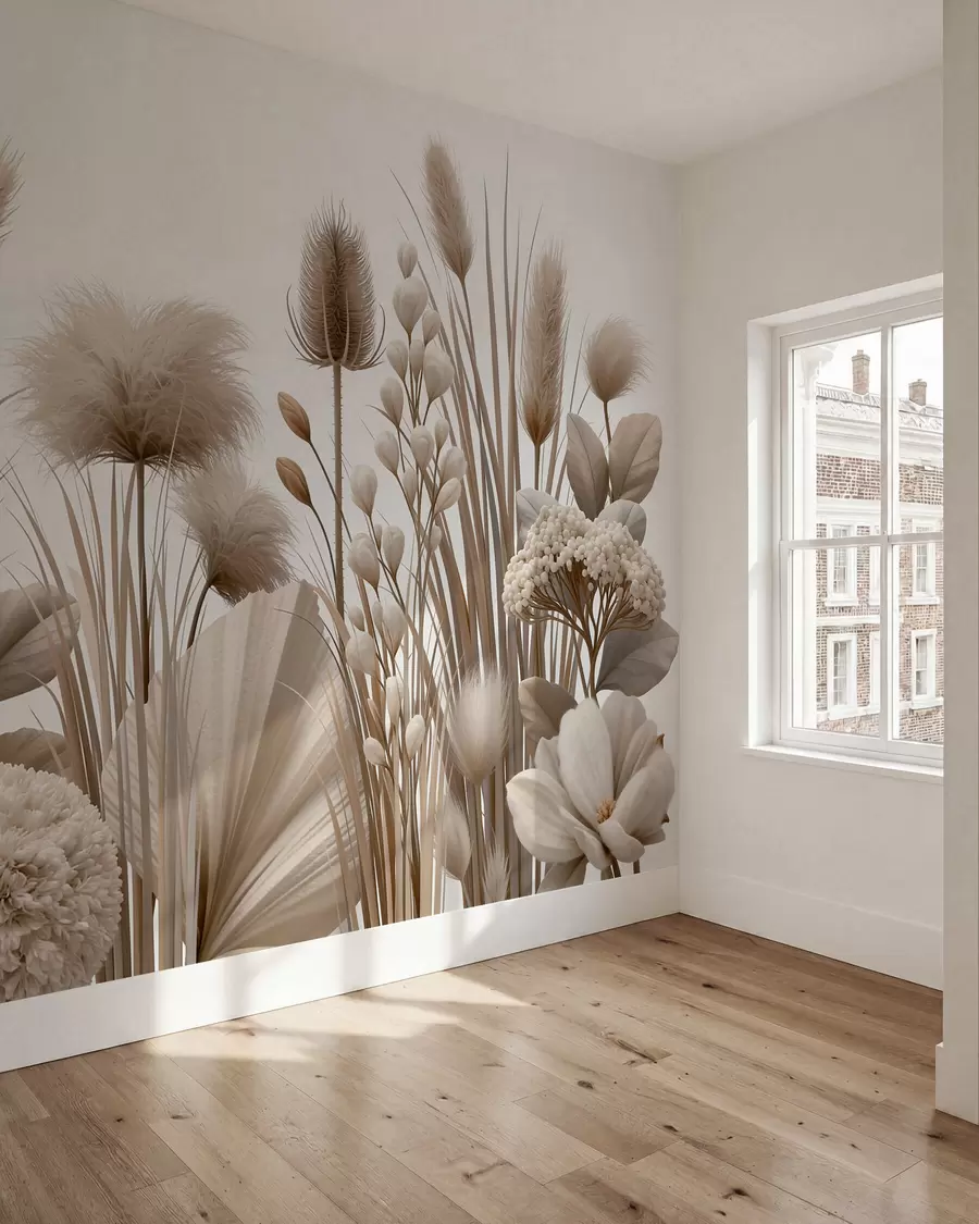 murales de pared Flores secas altas de color beige en tonos neutros w09932
