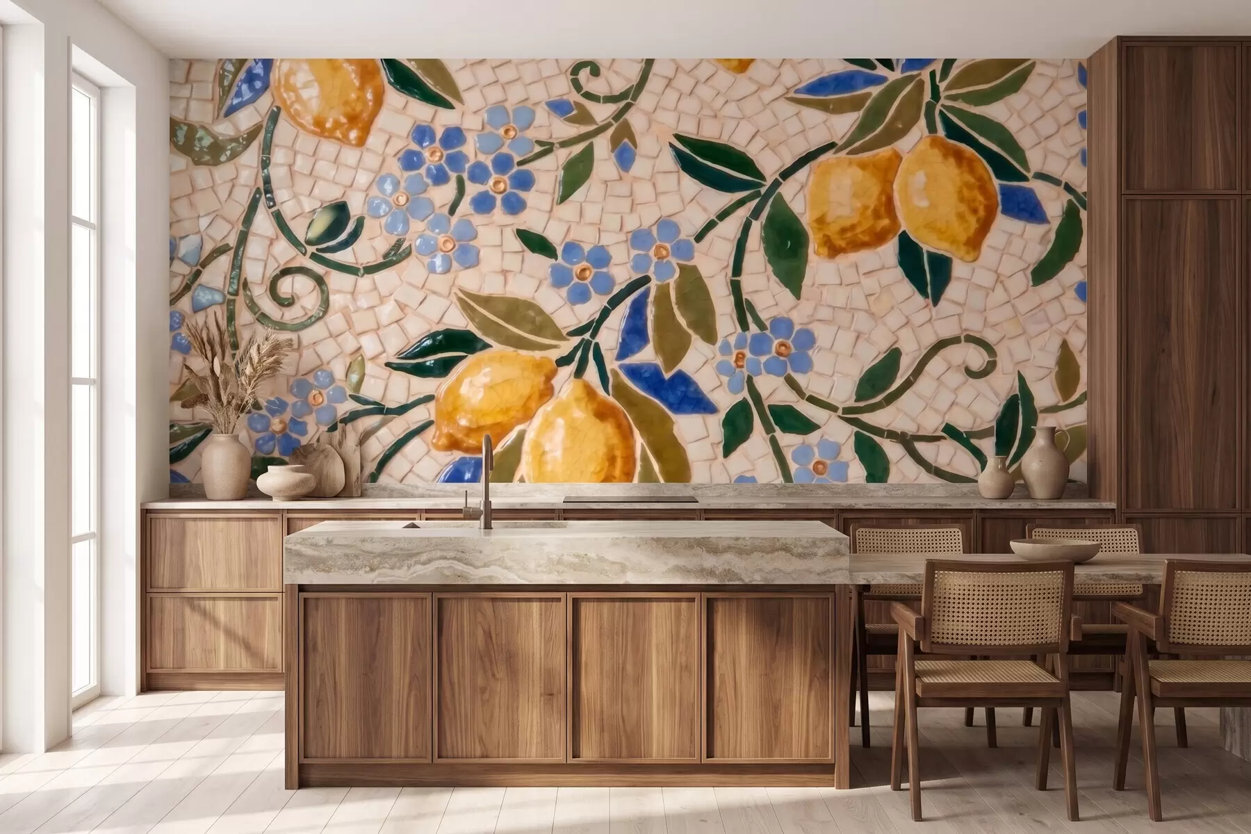 murales de pared Composición decorativa de colores vivos, al estilo de un mosaico cerámico, con jugosos limones, flores, hojas y ramas w09948