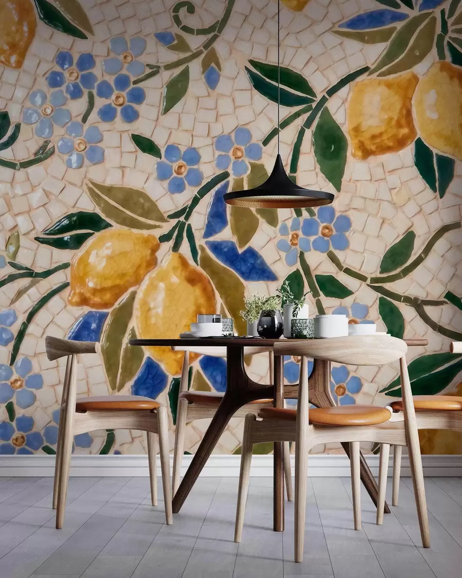 murales de pared Composición decorativa de colores vivos, al estilo de un mosaico cerámico, con jugosos limones, flores, hojas y ramas w09948