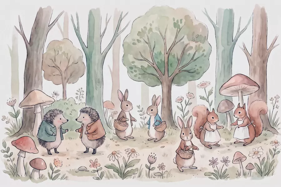 murales de pared Animales del bosque de cuento de hadas en un bosque, pintados al estilo acuarela w09951
