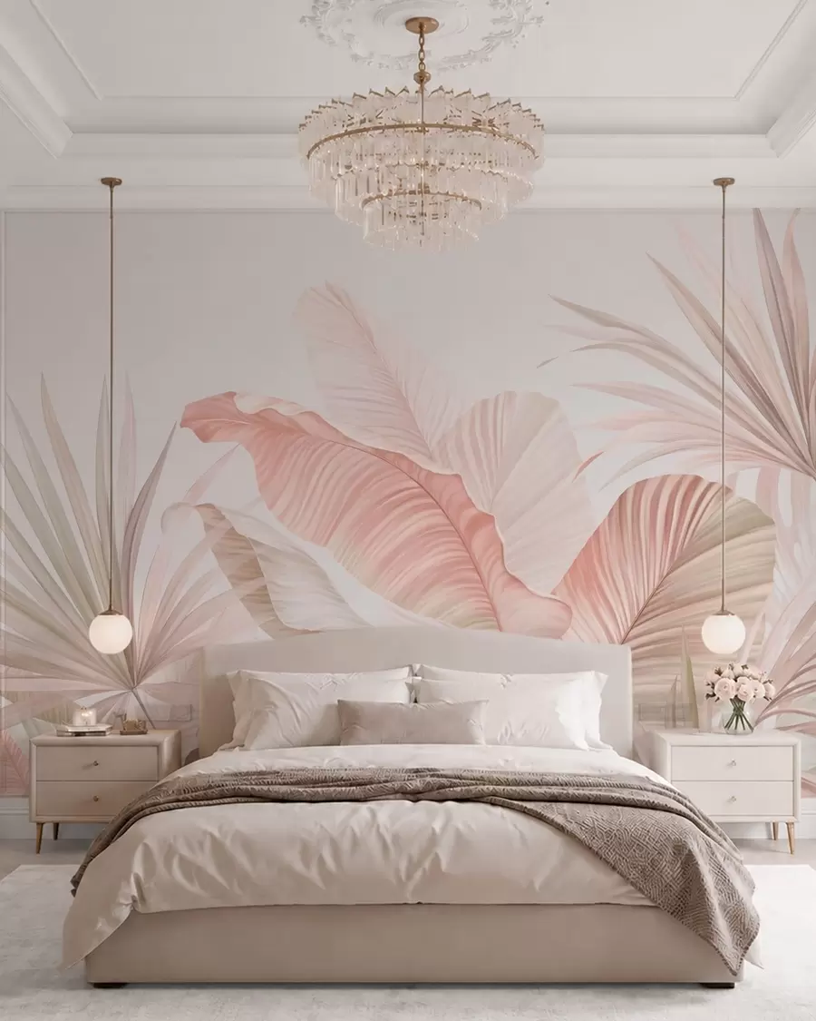 murales de pared Hojas tropicales de aspecto suave en tonos pastel w05810