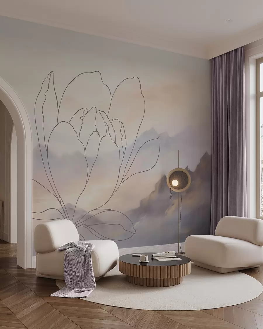 murales de pared Paisaje de montaña con la silueta de una flor w05788