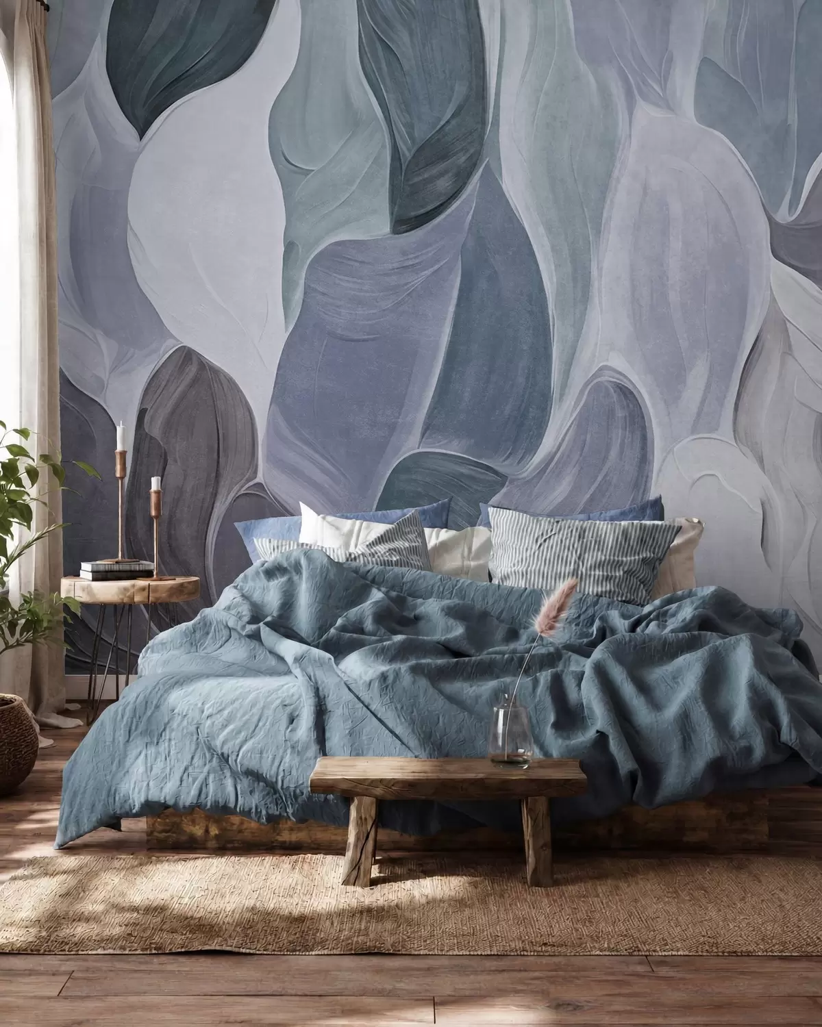 murales de pared Formas abstractas en tonos apagados de azul y gris, imitación de pinceladas w09908v1