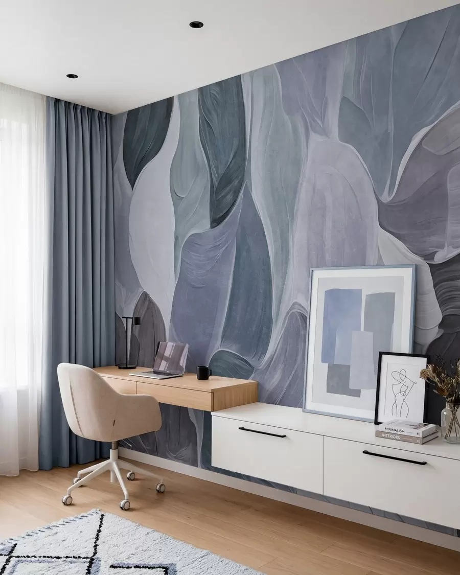 murales de pared Formas abstractas en tonos apagados de azul y gris, imitación de pinceladas w09908v1