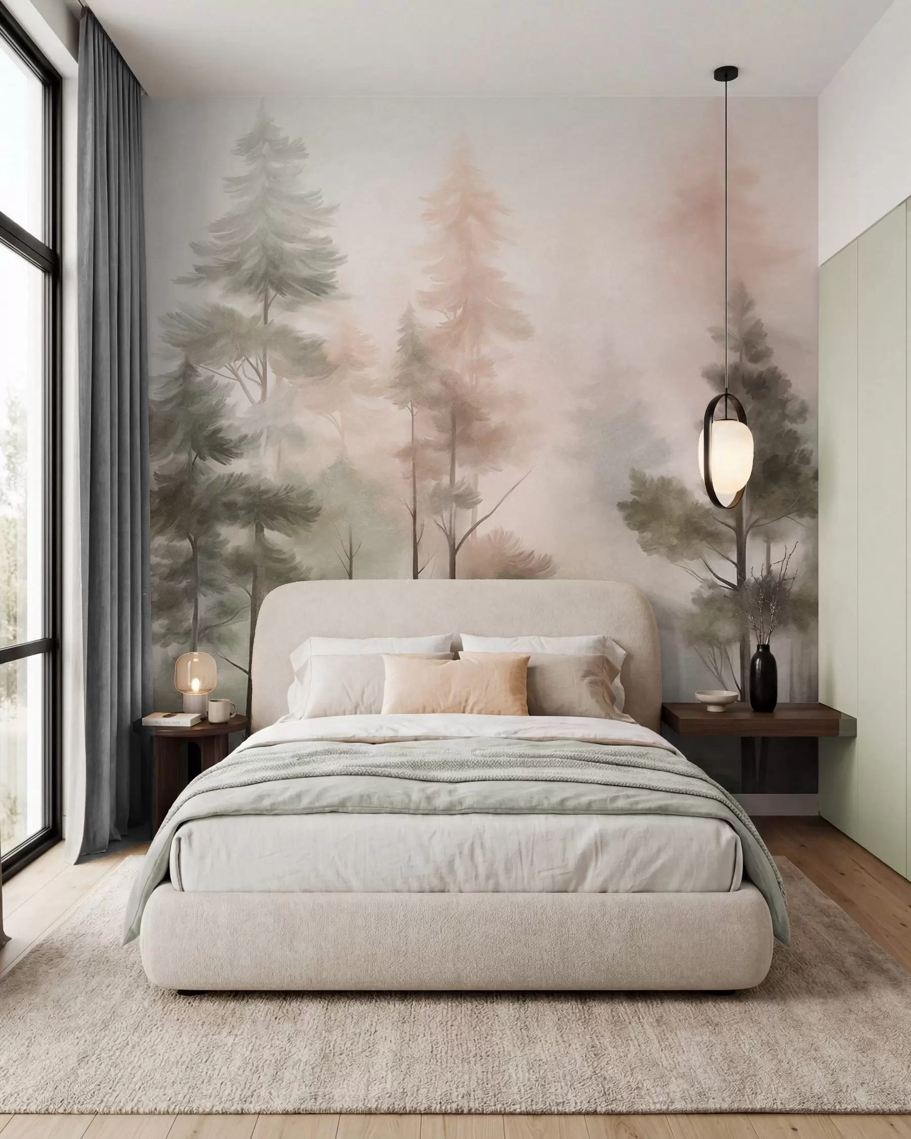 murales de pared Pinos en la bruma rosa w09982