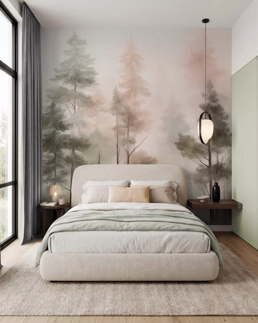 murales de pared Bosque con textura, con altos pinos en tonos verdes y rosas, envuelto en una suave y ligera niebla w09982