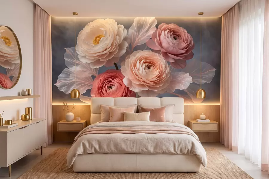 murales de pared Ramo de peonías y ranúnculos en tonos melocotón y rosa sobre un fondo oscuro w09926