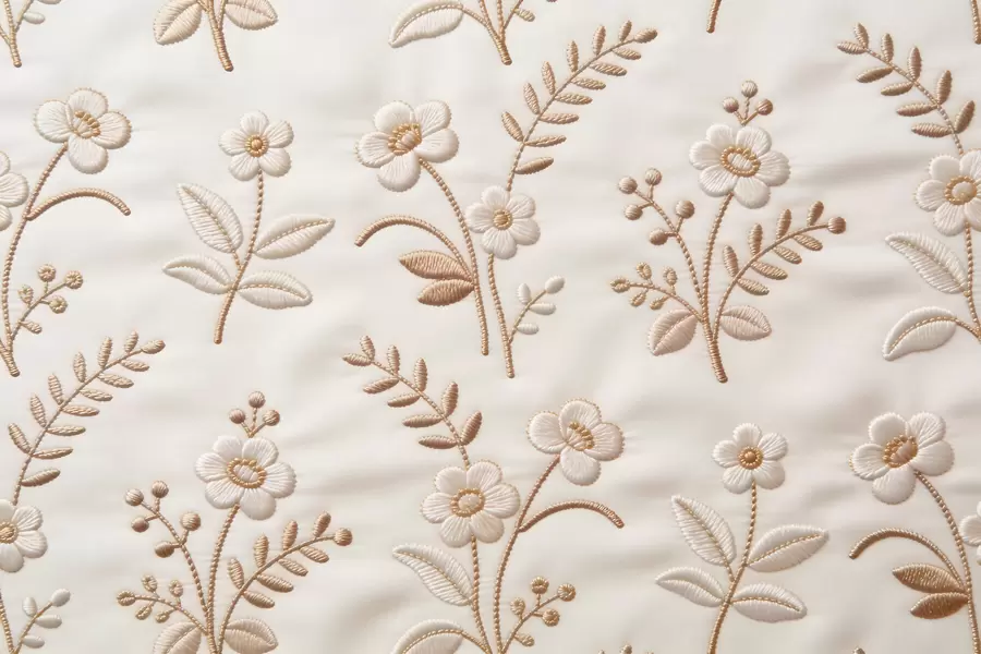 murales de pared Motivo floral de bordado simulado con hilo amarillo sobre tela w09953