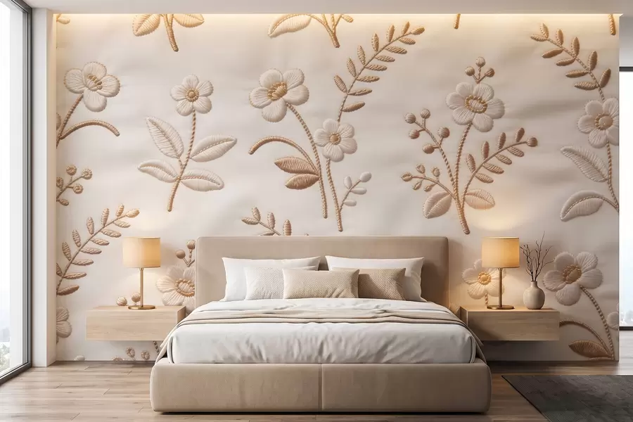 murales de pared Motivo floral de bordado simulado con hilo amarillo sobre tela w09953