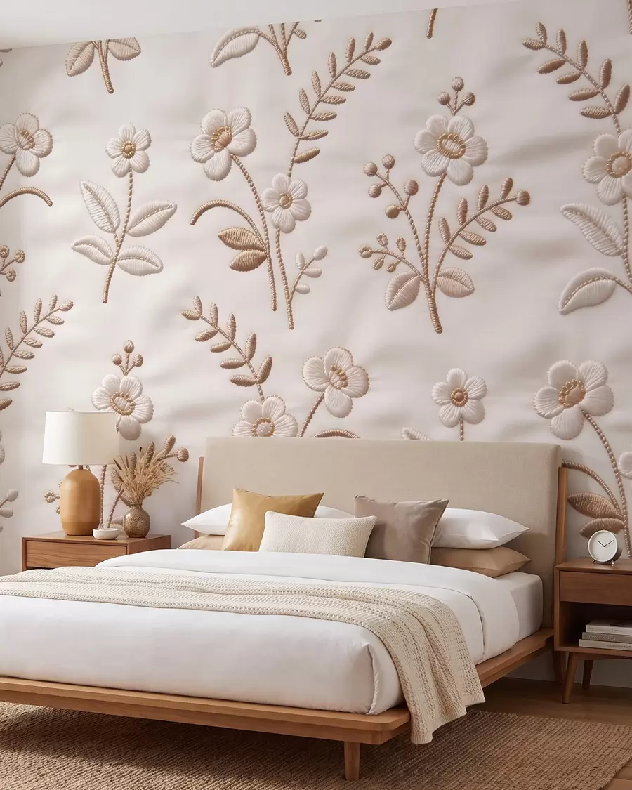 murales de pared Motivo floral de bordado simulado con hilo amarillo sobre tela w09953