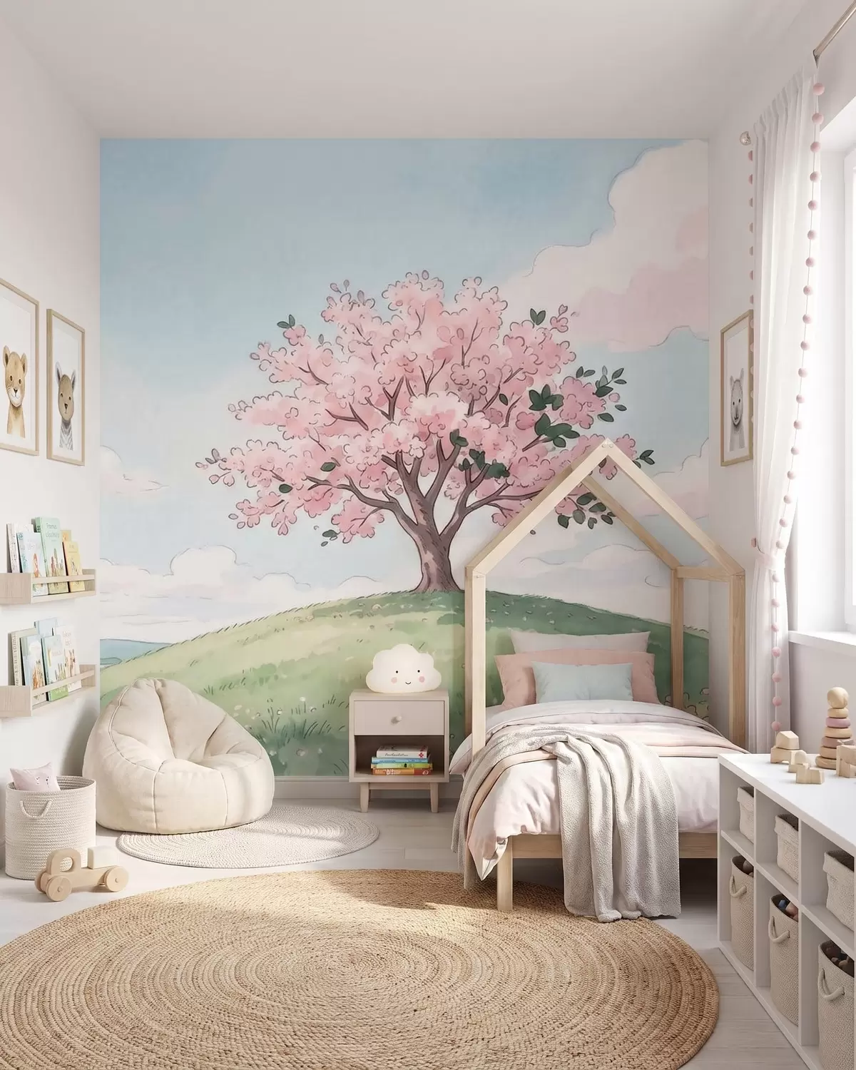 murales de pared Árbol en flor sobre una colina verde con una casita en la lejanía; paisaje al estilo de la acuarela w09954