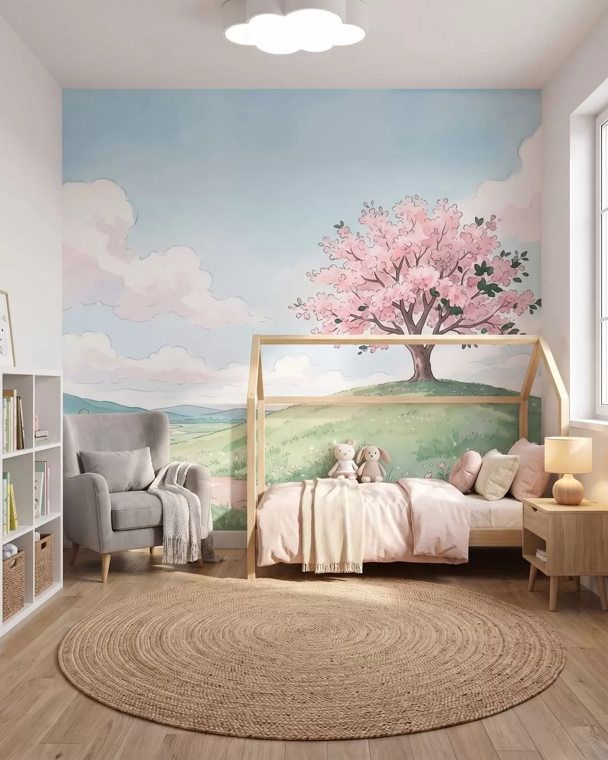 murales de pared Árbol en flor sobre una colina verde con una casita en la lejanía; paisaje al estilo de la acuarela w09954