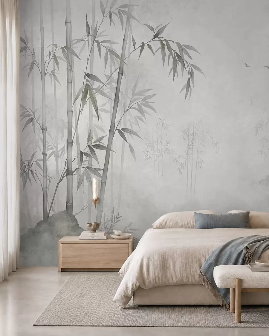 murales de pared Un bosque de bambú monocromático y envuelto en niebla junto a unas aguas tranquilas w05732v1